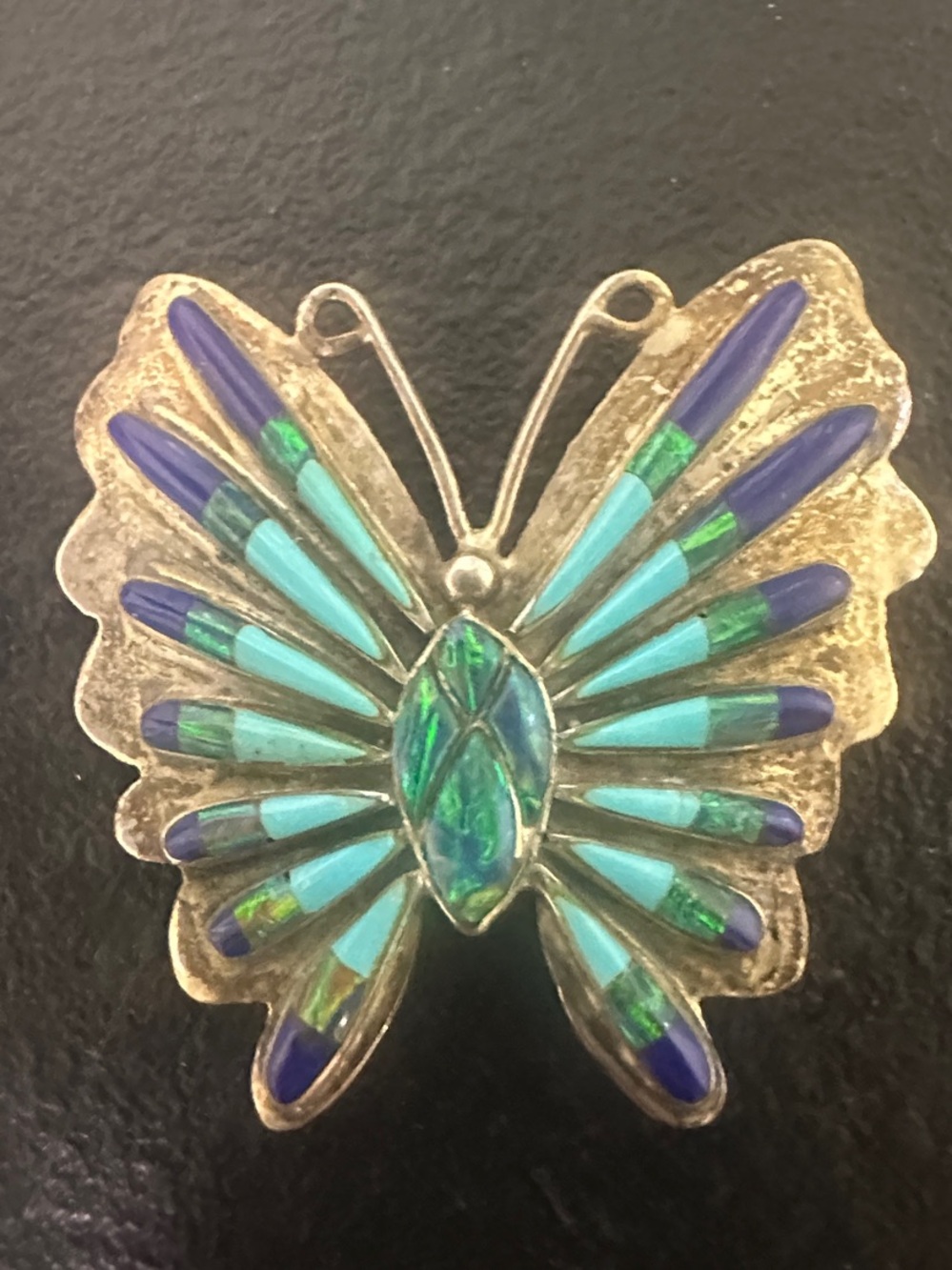 Butterfly Inlay Brooch - Turquoise with iridescent opal, .925 Sterling Silver
